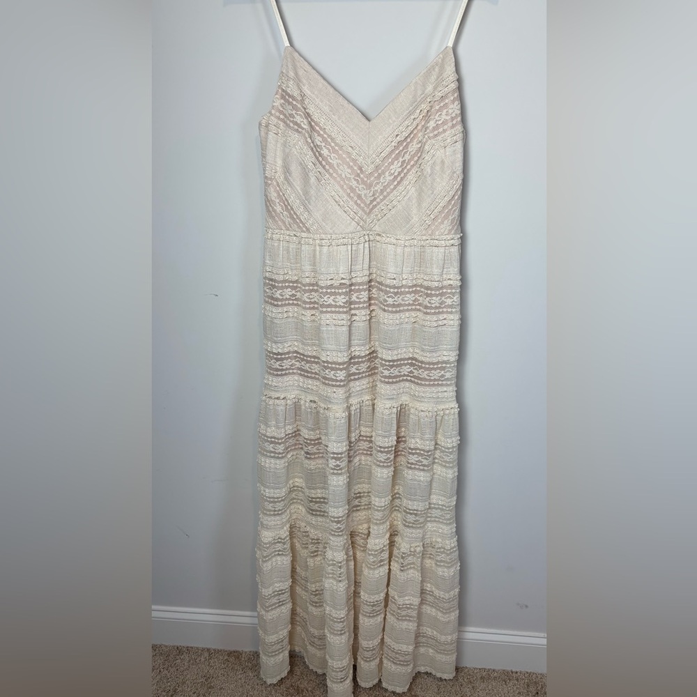 Eliza J Womens Cream Lace Tiered Maxi Dress Boho Wedding Guest V-Neck Size L